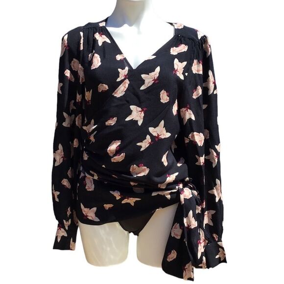 ba&sh Koxie Floral Print Long Sleeve V-Neck Wrap Top Black New Size Large (8) - Picture 3 of 8